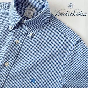 美品 ブルックスブラザーズ BROOKSBROTHERS ボタンダウン シアサッカー プルオーバー 半袖 シャツ S 170/96B (日本M) ギンガムチェック 紺