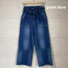 gram blueグラムブルー　デニムワイドパンツ　ウエストリボン　ウエスト64