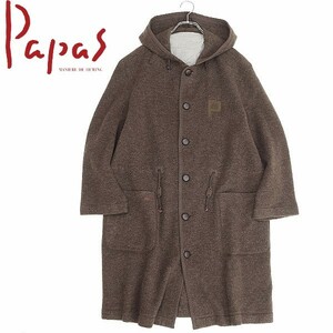 ◆Papas パパス ロゴ刺繍 バスケットボタン パイピング ウール フーデッド コート ダークブラウン M