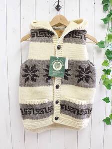 新品◆CANADIAN SWEATER カナディアンセーター◆カウチンセーター 雪柄 フード付き ニットベスト 32 定価48,000円