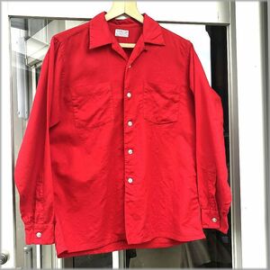 ★60s　Hathaway　Viyella　開襟　ボックス型　長袖シャツ　size M　赤　無地★検 ハサウェイ ビンテージ 50s ロカビリー オープンカラー