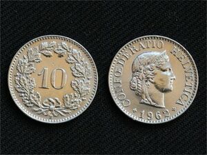 【スイス】 10ラッペン 1962年 オークとヘルヴェティア 白銅貨