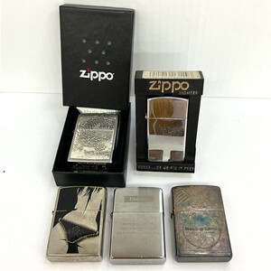 D044-■◎ ZIPPO ジッポ オイルライター 5点セット シルバーカラー 龍 Freedom Music is Loved 他 3点火花有 2点ケース付き