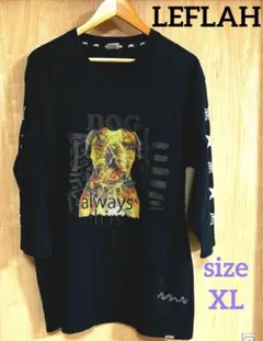 【難あり】　LEFLAH レフラー　犬　プリント　七分丈　Tシャツ　黒　XL