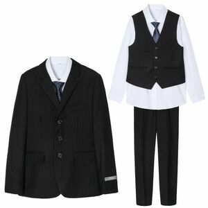 ♪Mineka♪訳有品 男子スーツ5点セット フォーマル 紳士服 ジャケット ベスト スラックス 入卒式 黒縦縞 3つボタン 145CM 150CM 418/64