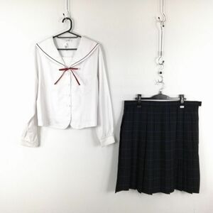 1円 セーラー服 チェックスカート 上下3点セット 大きいサイズ 特大 中間服 赤1本線 大阪早稲田摂陵中学高校 白 中古 ランクC EY0242