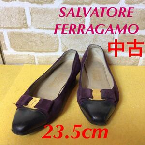 【売り切り!送料無料!】A-175 SALVATORE FERRAGAMO!Ferragamo!パンプス!スエード!23.5cm!パープル系!ローヒール!形崩れあり!中古!