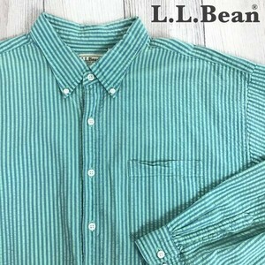 ◎大きいサイズ!!★正規品★[L.L.Bean エルエルビーン]ストライプ柄 長袖 シアサッカー ボタンダウンシャツ[XL]青×緑 アウトドア K2-030