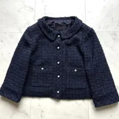 定価13万 FOXEY 46705 ツイード パールボタン ジャケット ネイビー