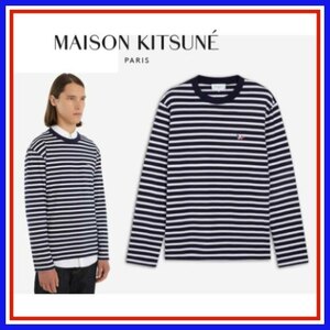 MAISON KITSUNE 長袖 Tシャツ M 白/ネイビー 新品 ユニセックス ストライプ ボーダー メゾンキツネ トリコロール フォックス パッチ マリン