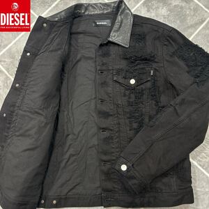 【極美品XL相当】DIESEL ディーゼル Gジャン デニムジャケット 黒 ボタン刻印 ダメージ加工【抜群の存在感】襟レザー切替 牛革 カウレザー