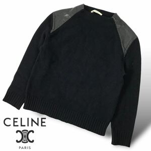 s121 CELINE セリーヌ フィービー期 ラムレザーショルダー ヤク ウール ボートネック ニット セーター トップスS ダークネイビー 正規品