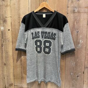 【サイズ XL】80s USA製 ビンテージ フットボール シャツ アメリカ古着 Tシャツ ジャージ 5部丈 黒 グレー プリント 70s 90s