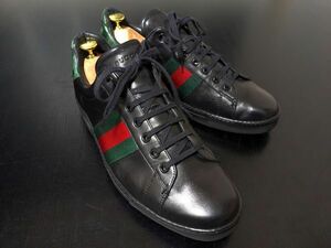 極美品 使用回数少 グッチ 41E GUCCI シェリーライン クロコデザインカウンターレザースニーカー 黒 8843