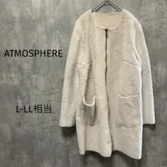 2308【ATMOSPHERE】フェイクファーコート　ベージュ　ノーカラー　L