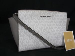 1円■極美品■ MICHAEL KORS マイケルコース MK柄 PVC×レザー クロスボディ ショルダーバッグ 斜め掛け オフホワイト系×グレー系 FK0985