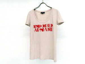 16434 美品 EMPORIO ARMANI エンポリオアルマーニ 英字ロゴ フロッキープリント コットン 半袖 カットソー Tシャツ 40 ピンクベージュ 夏 