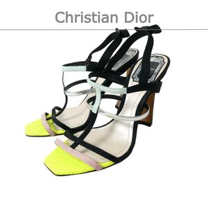 美品 Christian Dior クリスチャンディオール 36 約23㎝ レザー クロコダイル型押し オープントゥ ハイヒール サンダル マルチカラー