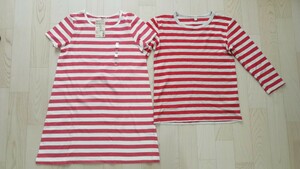 新品 140 無印良品 Tシャツ 2枚セット　半袖　長袖　チュニック　しましま　赤