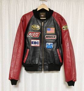 サイズ42☆[VANSON] TJP ワッペン ライダース バイカーレザージャケット 42 USA製 レッド ブラック バンソン