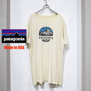 【USA製】L / Patagonia パタゴニア オーガニックコットン 半袖 Tシャツ 前面 ロゴ イエロー クリーム グラフィック プリント 古着