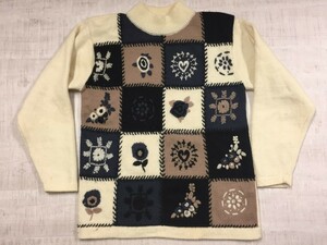 Vareuse パッチワーク風刺繍 カントリー フォークロア オールド レトロ 古着 モックネック ニットセーター レディース ウール100% L 生成り