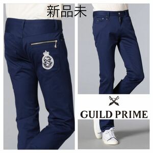 新品未■GUILD PRIME■スキニー パンツ Ｄカン エンブレムプリント 76 M ネイビーブルー ストレッチ チノパン ギルドプライム 定価15400円