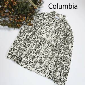 Columbia コロンビア フリース ホワイト ブラウン サイズS スタンドカラー ボタニカル柄 白 茶 花柄 胸ポケット ふわふわ シンプル 4139