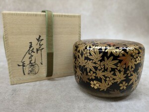 鵬雲斎書付 雲錦蒔絵 平棗 棗 漆芸 紅葉蒔絵 茶道具 高級和柄 花柄 コレクション 共箱つき 高さ約6cm 日本 奈良発 直接引取り可 