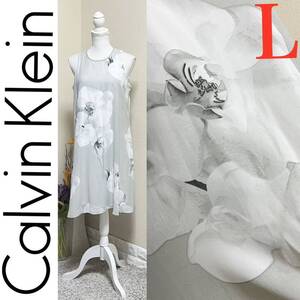 カルバンクライン　Aライン　ジョーゼット　フラワー　ワンピース L 　グレー　8 Calvin Klein