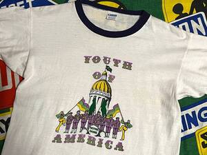 ☆面白いプリントパターンの1枚☆Made in USA製アメリカ製ChampionチャンピオンビンテージリンガーTシャツ70s70年代ブルーバータグ綿100%M