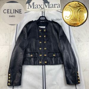 極美品◎CELINE セリーヌ ノーカラーレザージャケット トリオンフ金ボタン エディ期 現行 クロップド丈 本革 ラム レディース ブラック 黒