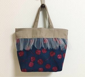 ハンドメイド　トートバッグ★さくらんぼ　チュールレース