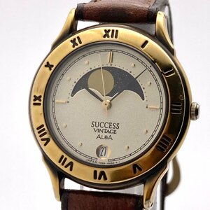 【稼働 良品ABランク】SEIKO セイコー SUCCESS VINTAGE ALBA V338-6A40 ムーンフェイズ デイト クォーツ メンズ腕時計 8-238-G