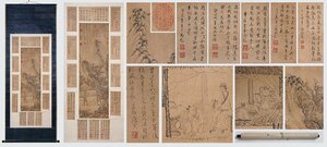 【善古堂】某有名オークション買入「唐寅書」中国明時代画家 紙本【御批山水人物図・立軸】肉筆保証 巻き物 中国畫 中国書道0508-LC20