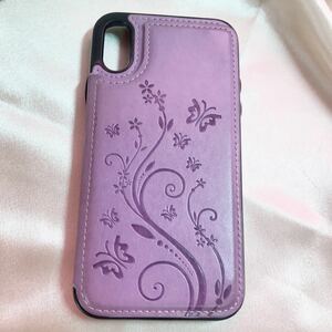 iPhone X Xs ケース　カバー　パープル　紫　カード入れ　訳あり　展示品　フラップ　草花　蝶々　刺繍　型押し　デザイン　レディース