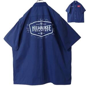 5743/EAGLE PROMOTIONS 半袖 ワークシャツ2XL●Miller MILWAUKEE BREWERSフロントワッペン バックプリント●ネコポス可●洗濯プレス済 古着