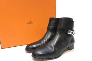 経堂) HERMES エルメス レザー ショートブーツ ネオ ブラック 37.5 24.5cm相当 24年1月購入 定価￥272,700-