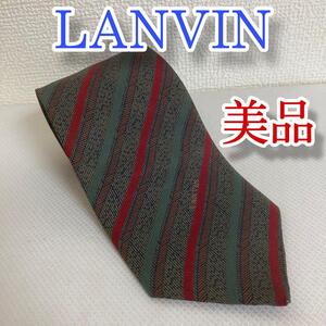 美品　LANVIN　ランバン　ネクタイ　シルク　総柄　グリーン　レッド　ビジネス　パーティー