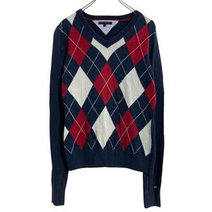 TOMMY HILFIGER コットン ニット セーター M ネイビー レッド ホワイト アーガイル Vネック 古着卸 アメリカ仕入 a610-7337