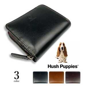 全3色　Hush Puppies ハッシュパピー リアルレザー 二つ折り財布 ショートウォレット ラウンドファスナー