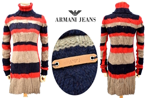 Y-7133★美品★AJ | ARMANI JEANS アルマーニジーンズ★正規品 ボーダー タートルネック ウール ニット ワンピース セーター 36 XXS