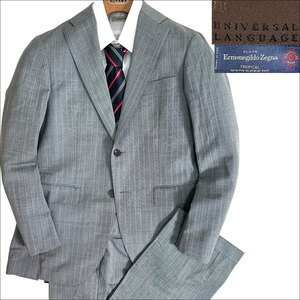 J3535 美品 ユニバーサルランゲージ エルメネジルドゼニア生地 ストライプスーツ グレー 44-6drop UNIVERSAL LANGUAGE Ermenegildo Zegna