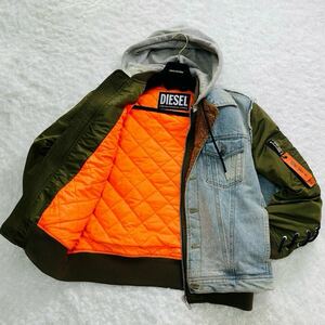 【極美品/希少L】DIESEL ディーゼル ボンバージャケット フライトジャケット ブルゾン MA-1 デニム切替 フード付き 中綿 ロープ編み