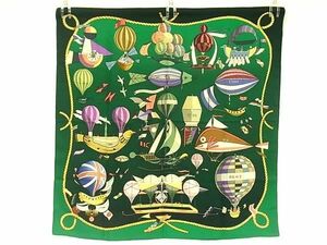 1円 ■美品■ HERMES エルメス LES FOLIES DU CIEL 大空の狂気 気球 カレ90 シルク100% スカーフ ストール ショール グリーン系 FD3328