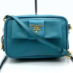 プラダ ショルダーバッグ ポシェット 斜め掛け リボン ブルーグリーン レザー レディース PRADA