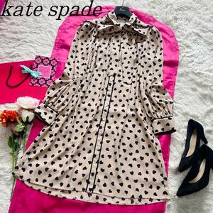 【膝丈】kate spade 総柄シャツワンピース ハート リボンタイ M　ケイトスペード　膝丈　ベルト