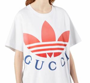 新品 未使用 アディダス グッチ レディース 半袖 Tシャツ イタリア製 グッチアディダス トップス カットソー コラボ ホワイト 白T 155/80