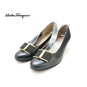 美品 Salvatore Ferragamo サルヴァトーレフェラガモ 5 1/2 23.0 パンプス ヴァラ ゴールド金具 レザー 黒 ブラック/XC65