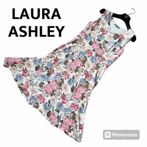 Lサイズ 美品 ◎ LAURA ASHLEY ローラアシュレイ 花柄 ロングワンピース フレア ストレッチ素材 白 11 Aライン